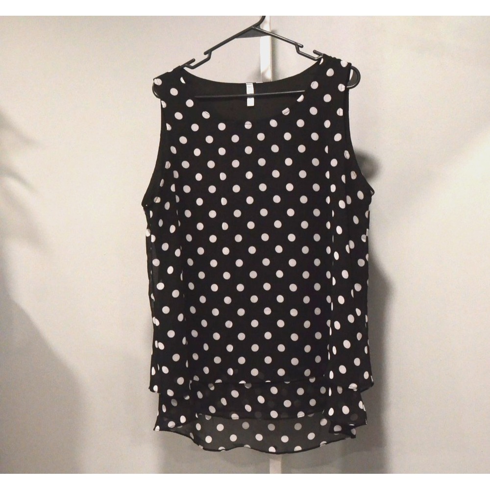 Jouica Size XL Sheer Black/Gray Polka Dot Tiered Pullover Blouse High-Low Hem